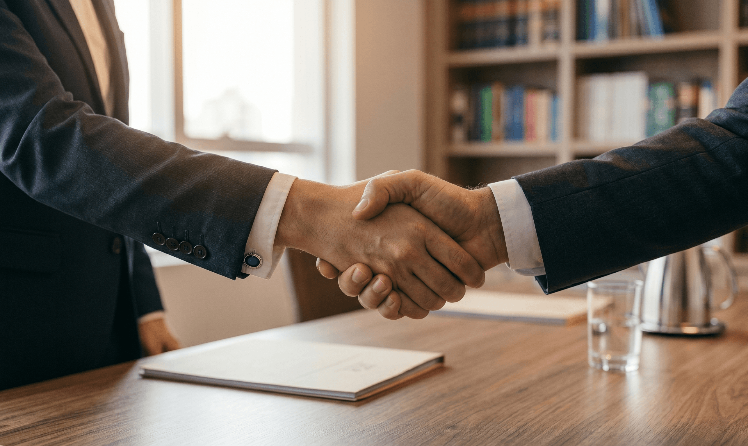 Advogados a selar acordo com aperto de mão após consulta jurídica