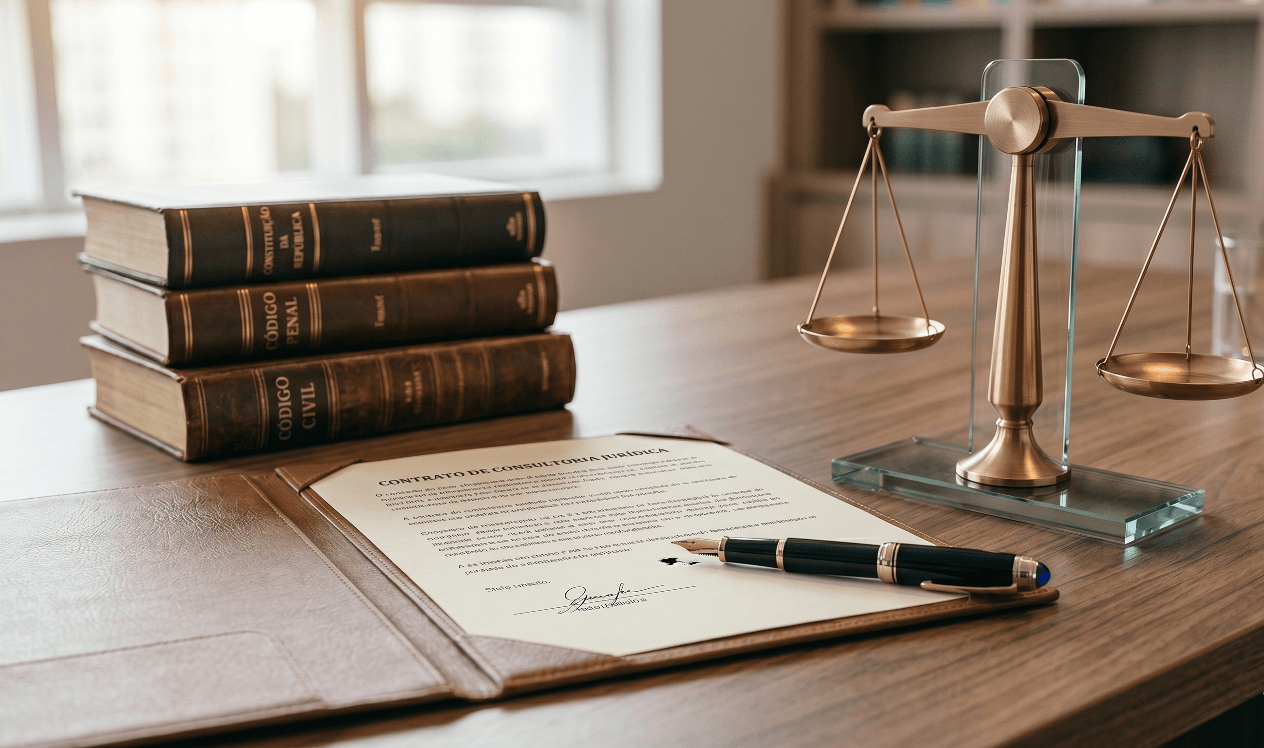 Balança da justiça e documentos legais num gabinete de advogados