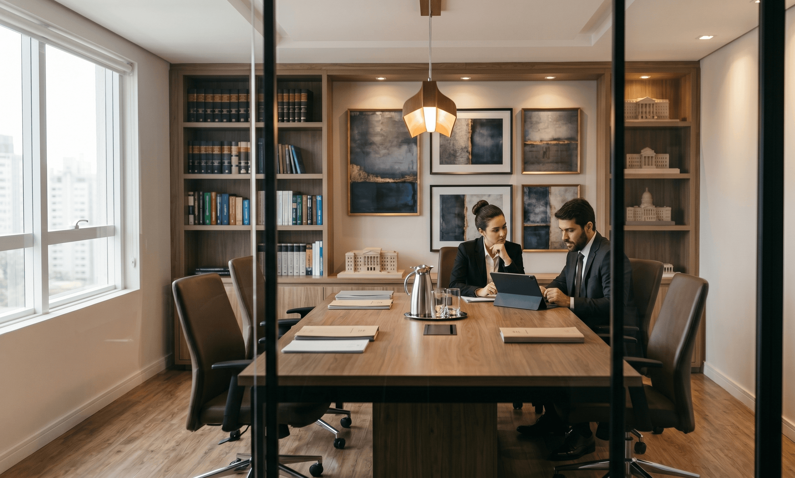 Advogados em reunião de trabalho num gabinete jurídico